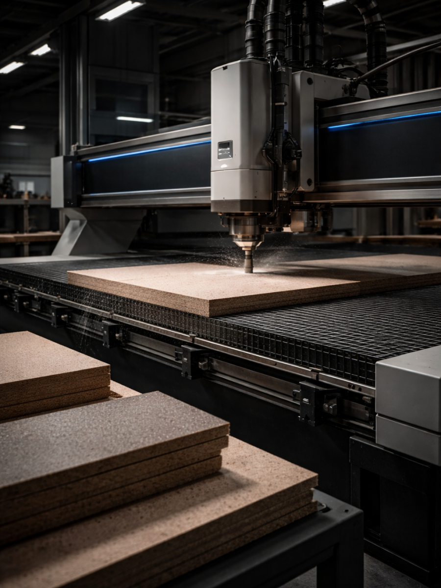 CNC machine cutting particle board panel
